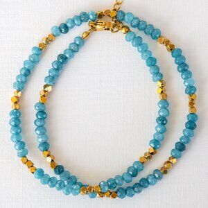 Apatite Beaded Gemstone Necklace w/waterproof Gold Beads/Chain BEAUTIFUL Blue